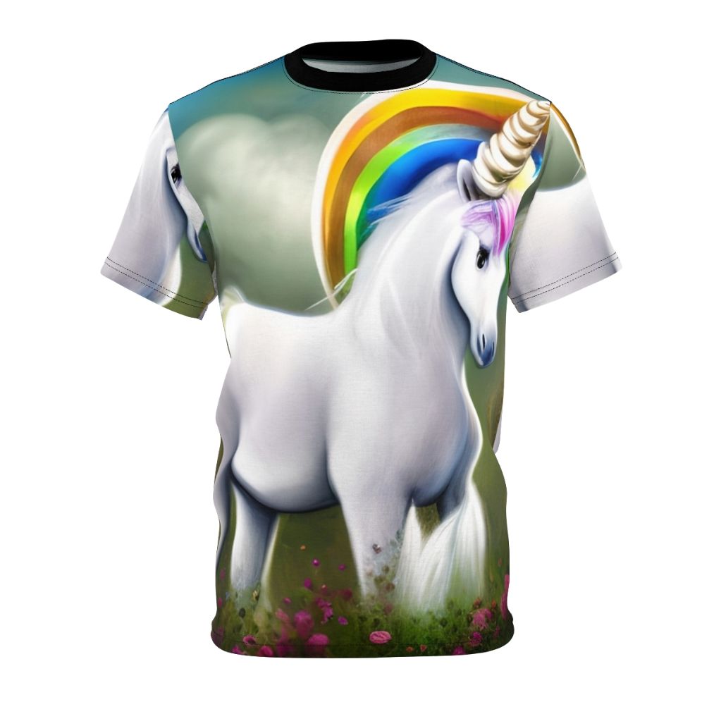 Illustration of a majestic fantasy unicorn with a golden horn on a t-shirt