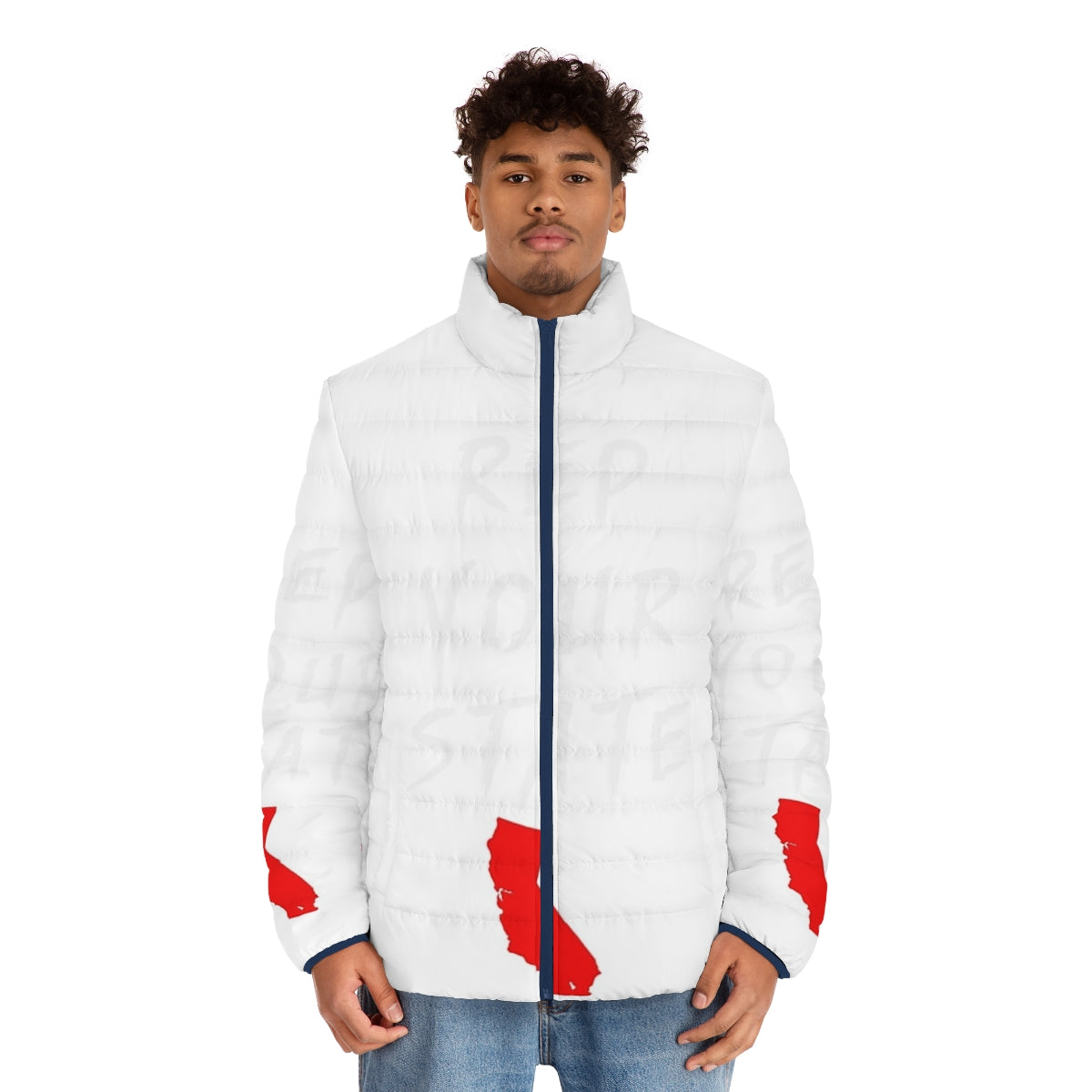 California-themed puffer jacket with state design - men front