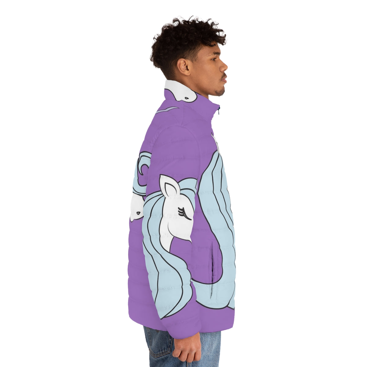 The Last Unicorn Minimalist Puffer Jacket with a unicorn head and horn in purple and blue - men side right