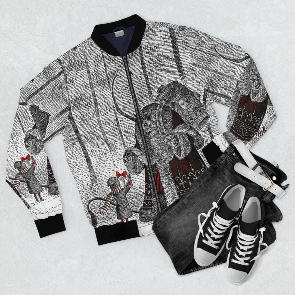 Vintage-style bomber jacket with Krampus, a mythical Christmas creature, on the front. - Flat lay