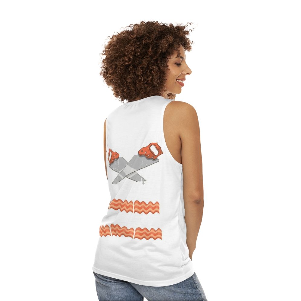 Unisex carpenter tank top with "The Bacon of Hobbies" design - women back