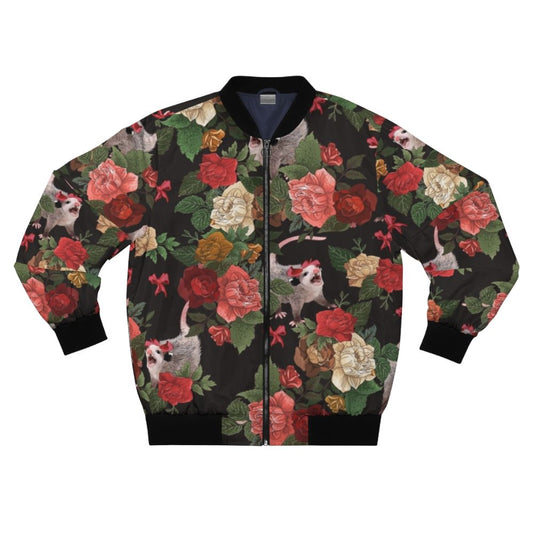 A colorful and quirky bomber jacket featuring a repeating floral pattern with opossums, or possums, in a fun, meme-inspired design.