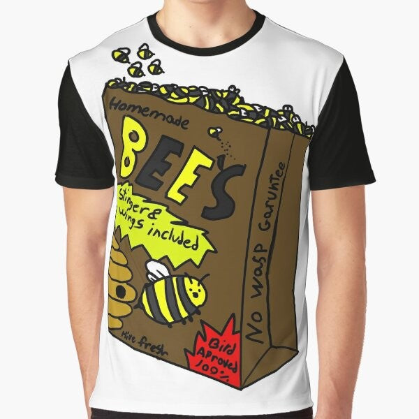 Illustration of a bumblebee eating from a paper bag on a black and yellow graphic t-shirt