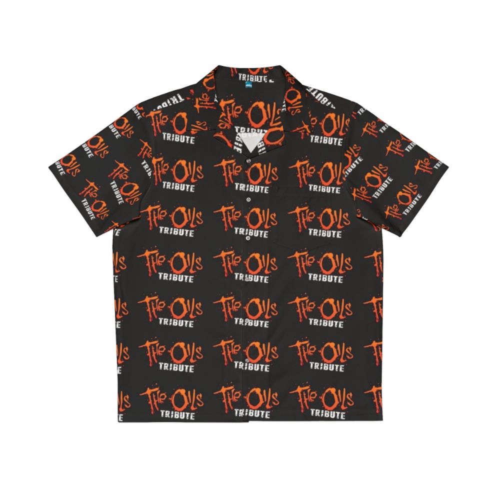 Orange Hawaiian shirt with The Oils Tribute logo