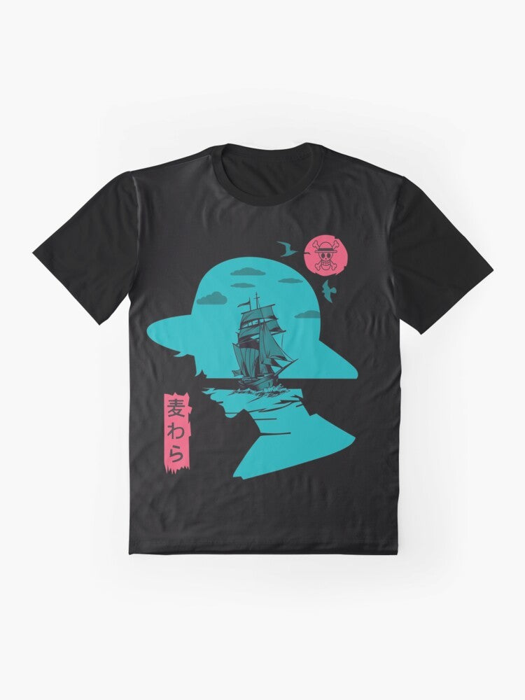 Monkey D. Luffy, the main character from the One Piece anime and manga series, featured on a stylish graphic t-shirt. - Flat lay