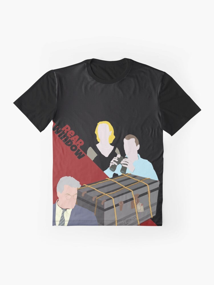 Alfred Hitchcock's "Rear Window" thriller graphic t-shirt featuring iconic characters and scenes from the classic movie. - Flat lay