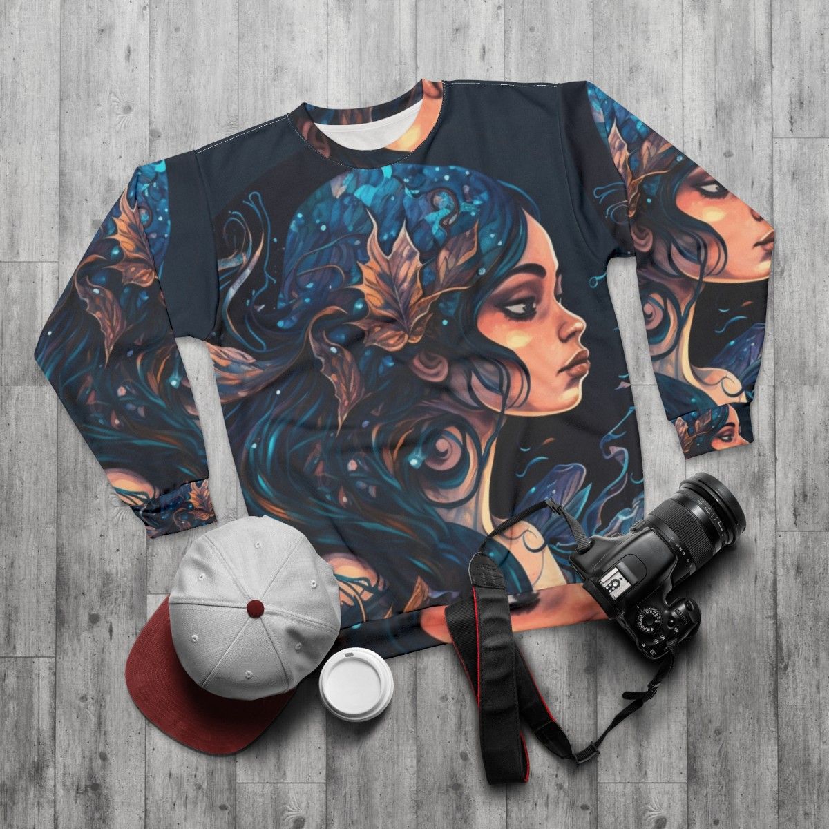 Mythical sea creatures sweatshirt featuring legendary, whimsical ocean beasts - flat lay