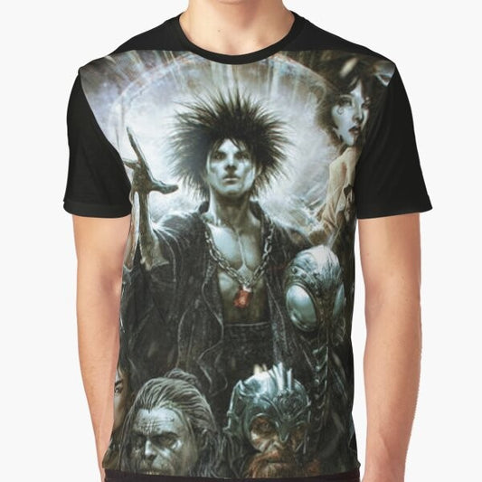 "The Sandman" graphic t-shirt featuring the iconic character Morpheus from the popular fantasy comic series by Neil Gaiman.