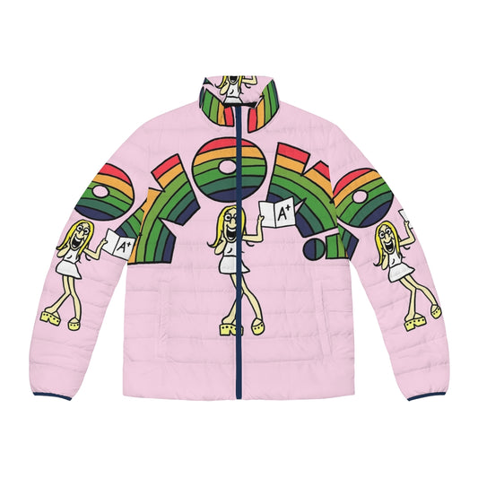 Puffer jacket with vibrant cartoon-inspired design