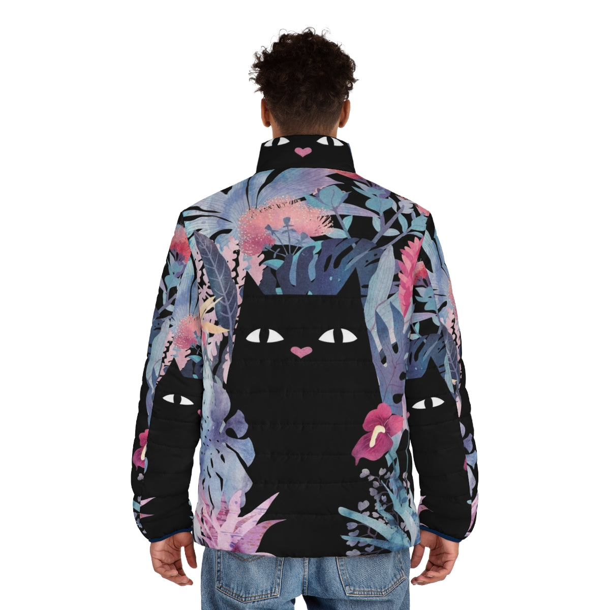 Pastel black velvet puffer jacket with tropical floral design featuring a black cat - men back