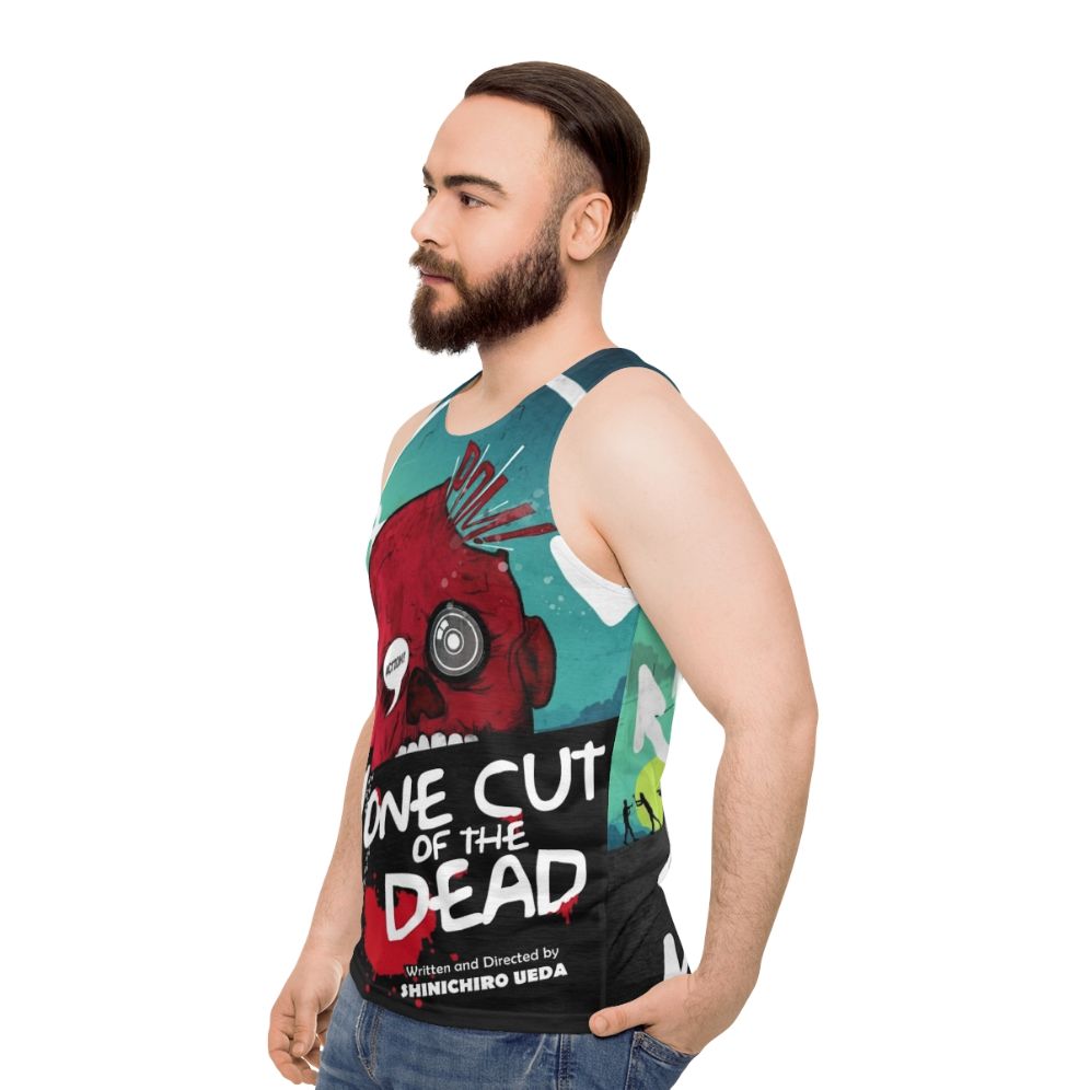 One Cut of the Dead unisex tank top featuring a zombies parody design - men side