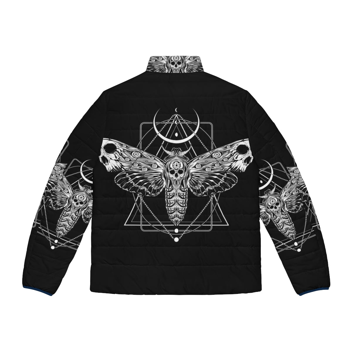 Surreal death moth puffer jacket with Gothic-inspired design and eyeball, skull, and horn details - Back