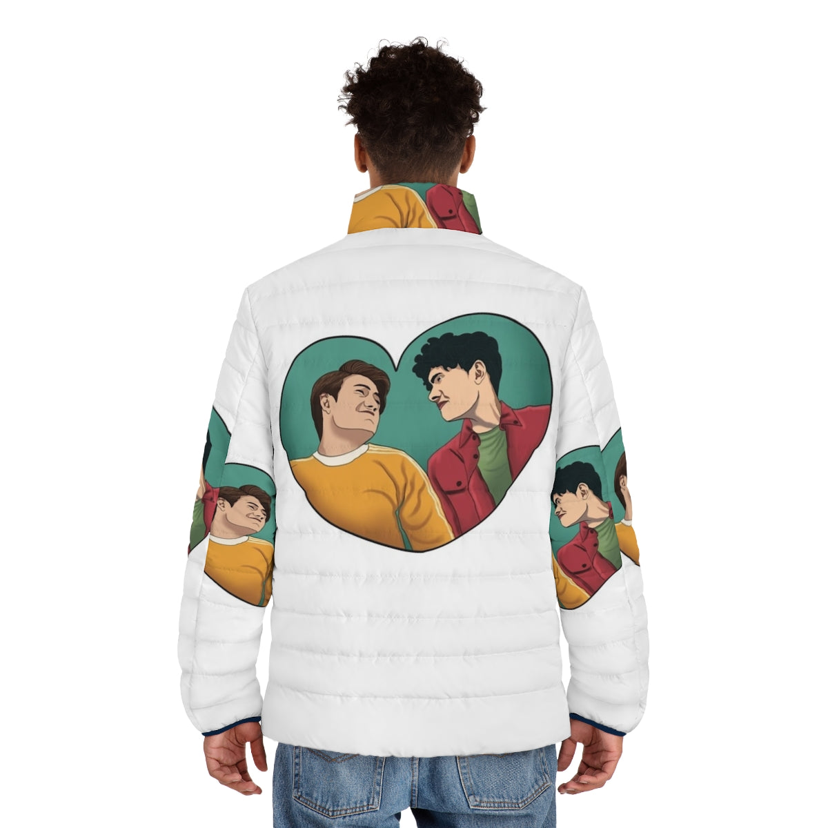 Heartstopper Nick and Charlie Friendship Puffer Jacket featuring characters from the popular Netflix series - men back