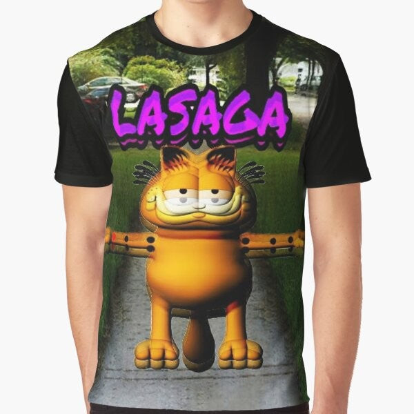 Lasagna graphic t-shirt featuring Garfield in a t-pose meme style