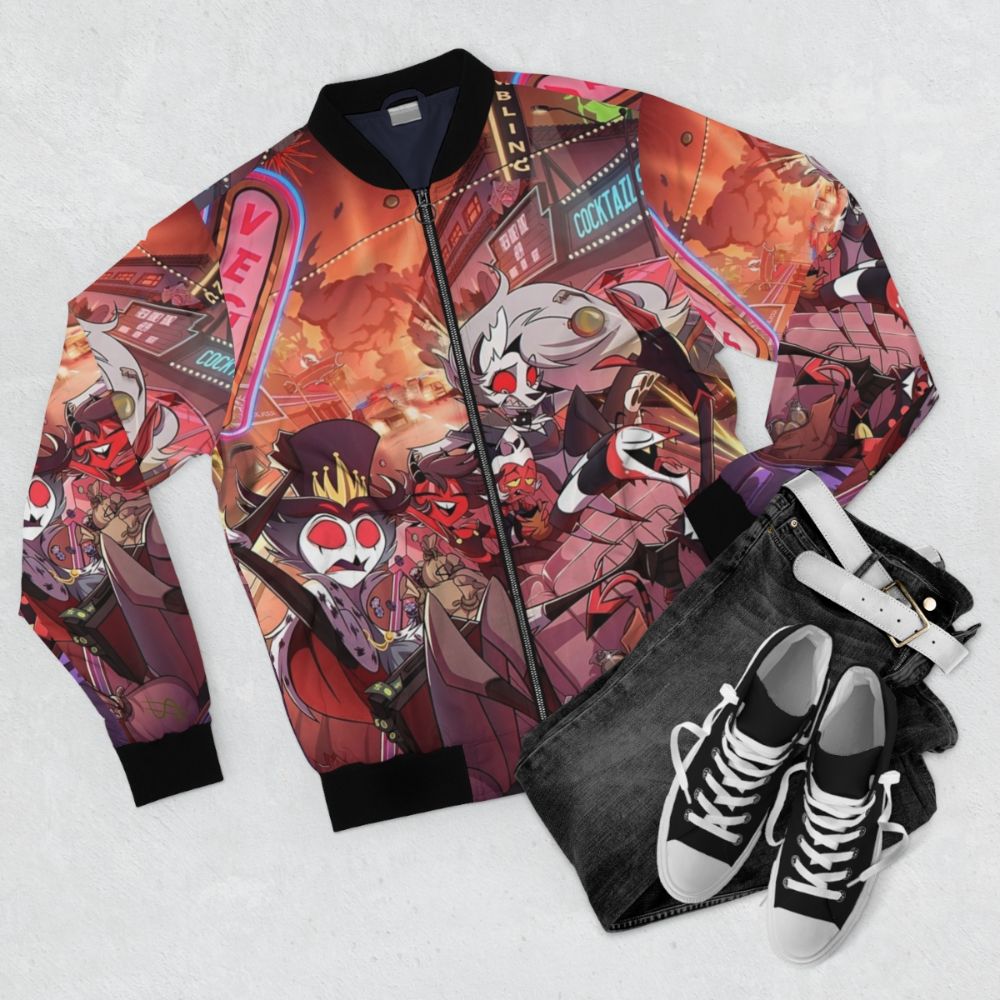 Helluva Boss retro-style bomber jacket featuring characters from the Hazbin Hotel universe created by Vivziepop - Flat lay