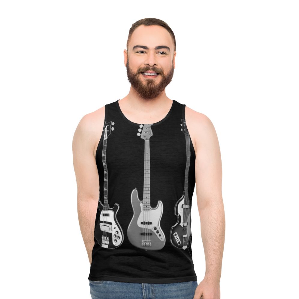 Unisex tank top featuring bass and guitar designs - men