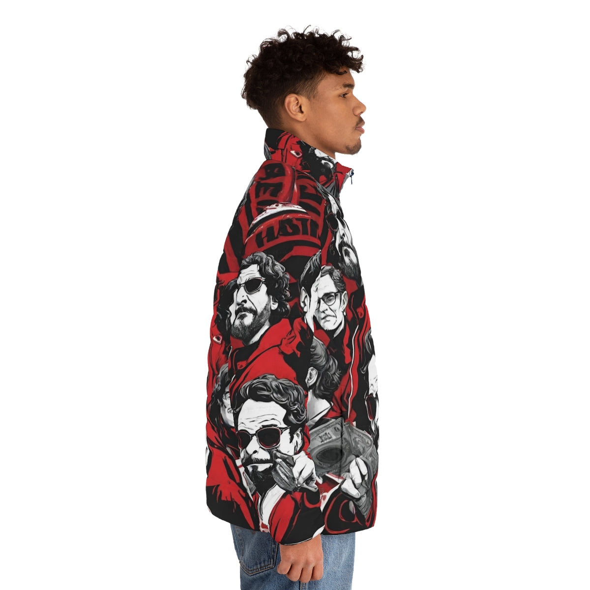 "Money Heist Inspired Puffer Jacket featuring fan art of the show's characters" - men side right