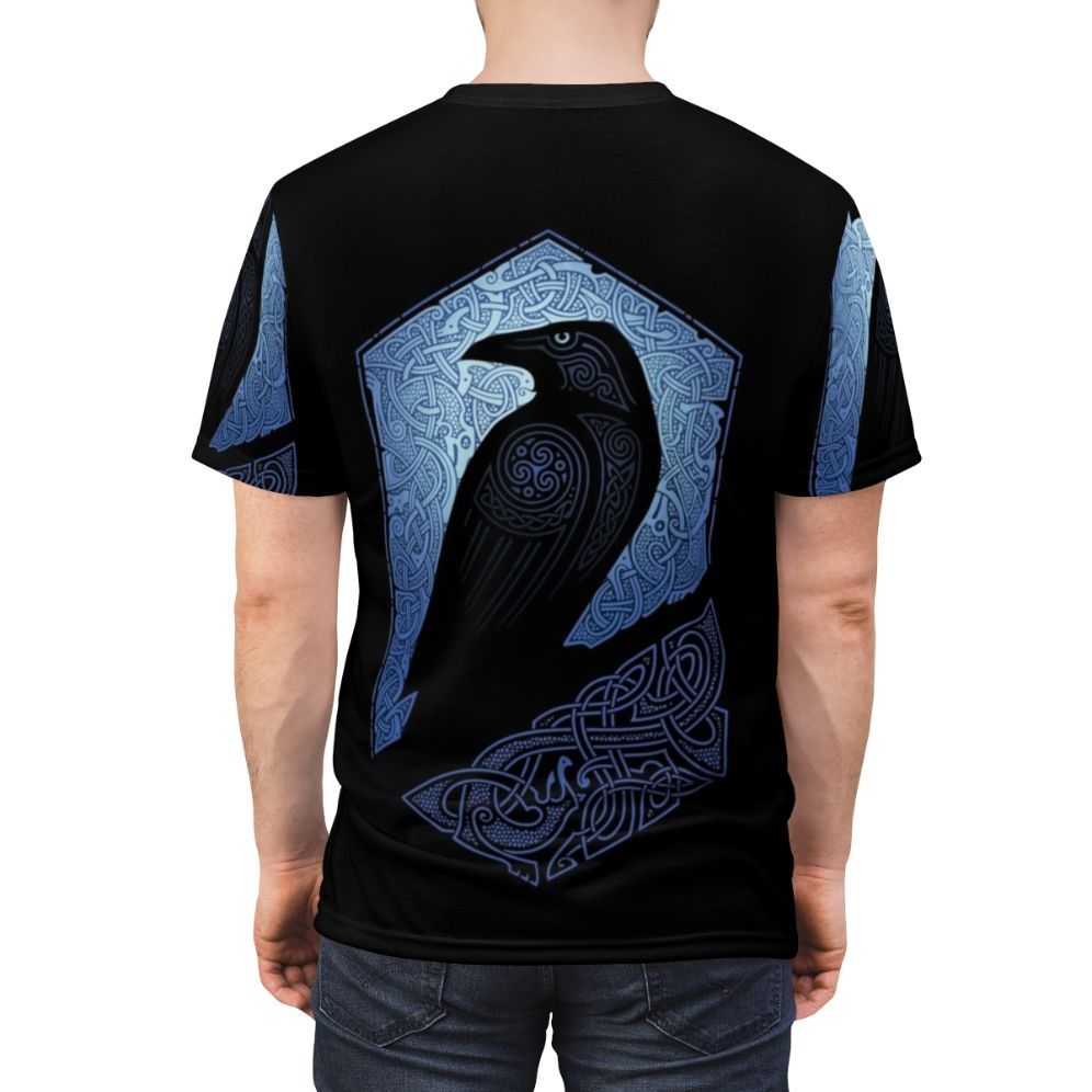 Mystical guardian raven silhouette design on a blue t-shirt - men back