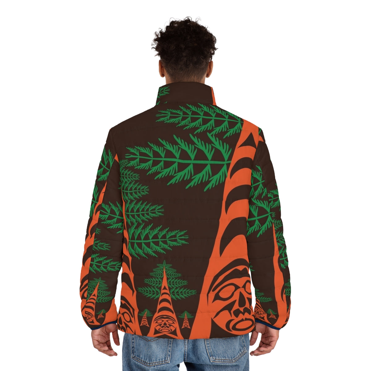 Cedar Forest Native Art Puffer Jacket with Indigenous Tribal Designs - men back