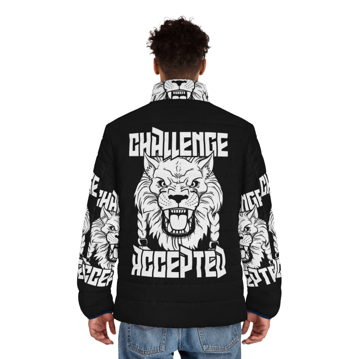 Battle Beast Puffer Jacket featuring a fierce white lion-like monster design - men back