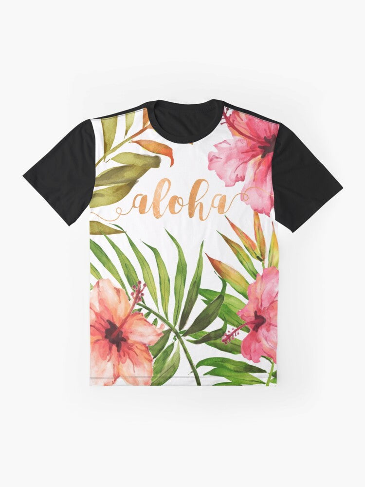 Tropical Hawaiian floral watercolor graphic t-shirt with palm leaves, flowers, and typography - Flat lay