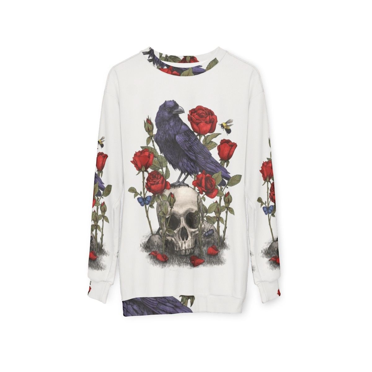 Memento Mori Sweatshirt with Raven, Skull, and Floral Graphic - hanging