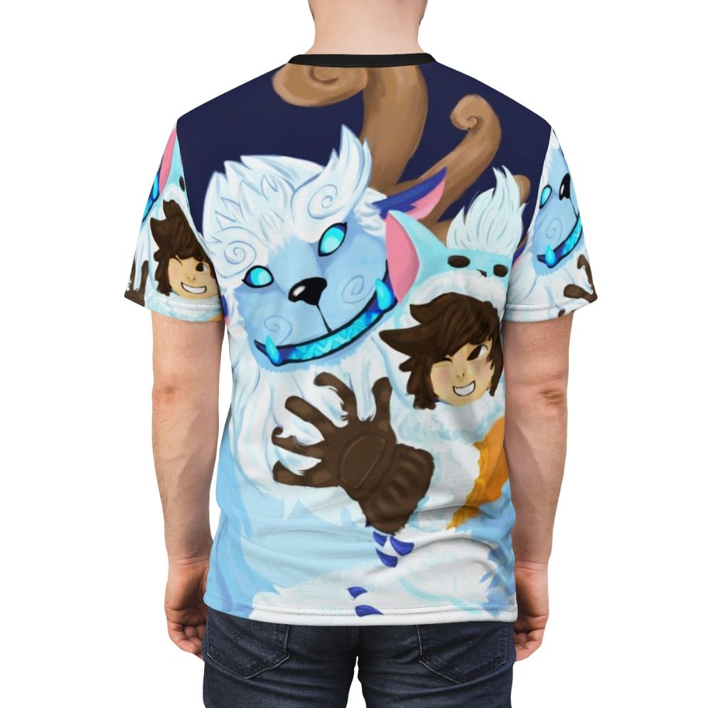 Nunu and Willump, the beloved League of Legends champions, hugging on a custom t-shirt design. - men back