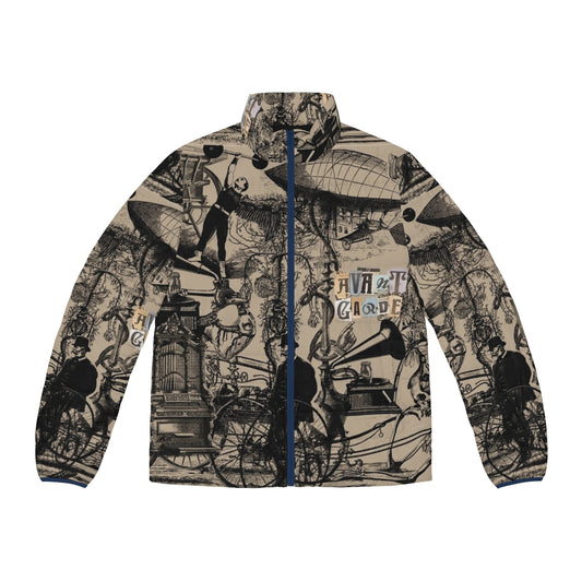 Avant-garde puffer jacket featuring collage, engraving, and experimental music elements