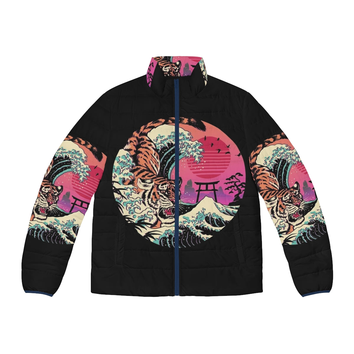 Retro puffer jacket with tiger wave graphic design