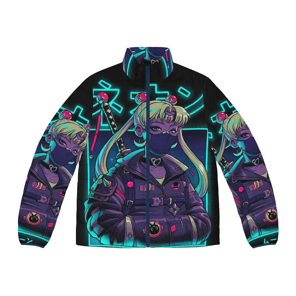 Neon puffer jacket with moon and samurai design