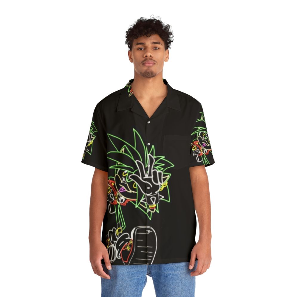 Neon 80s Hawaiian Shirt with Manic the Hedgehog Cartoon Design - People Front