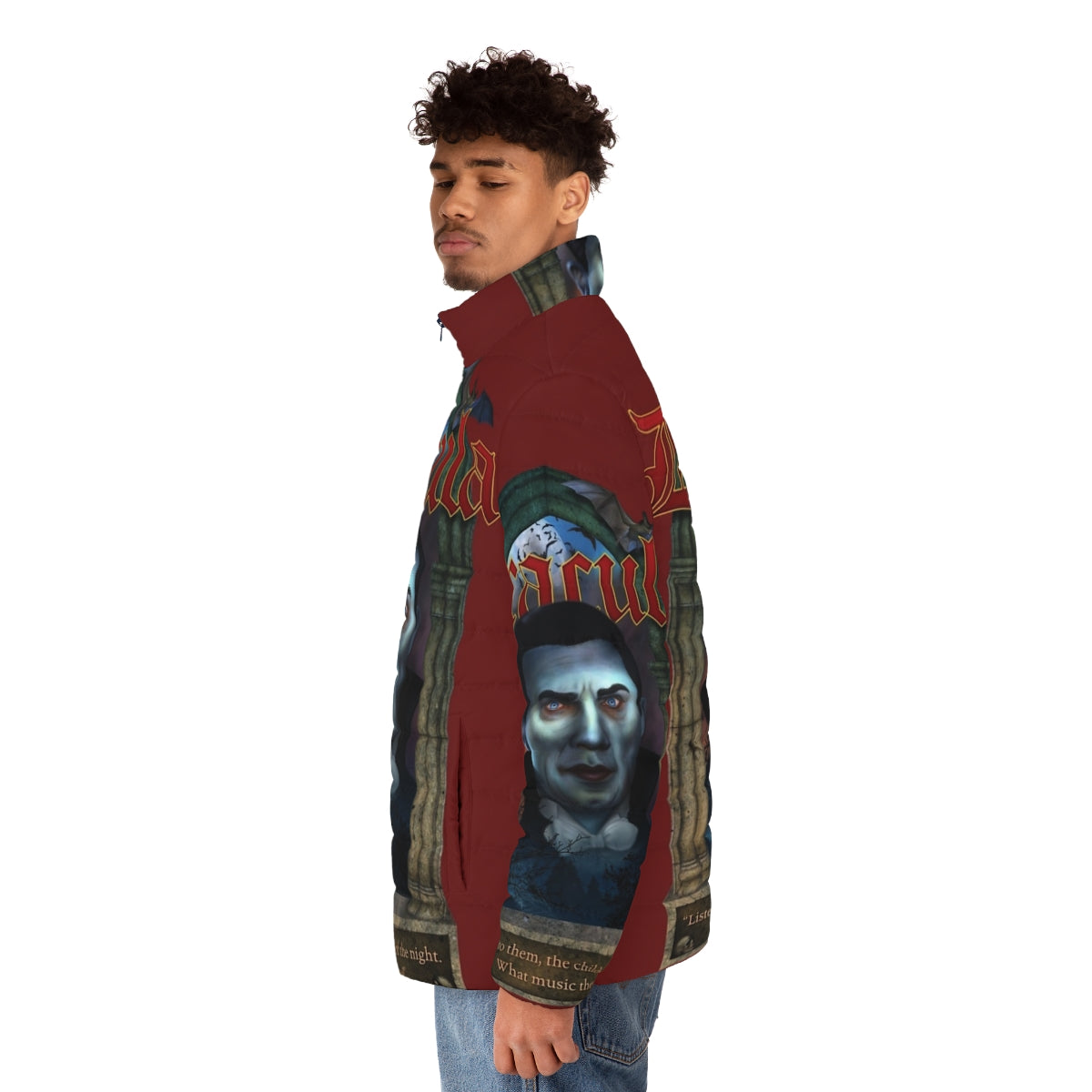 Dracula puffer jacket with classic horror and gothic fashion design - men side left