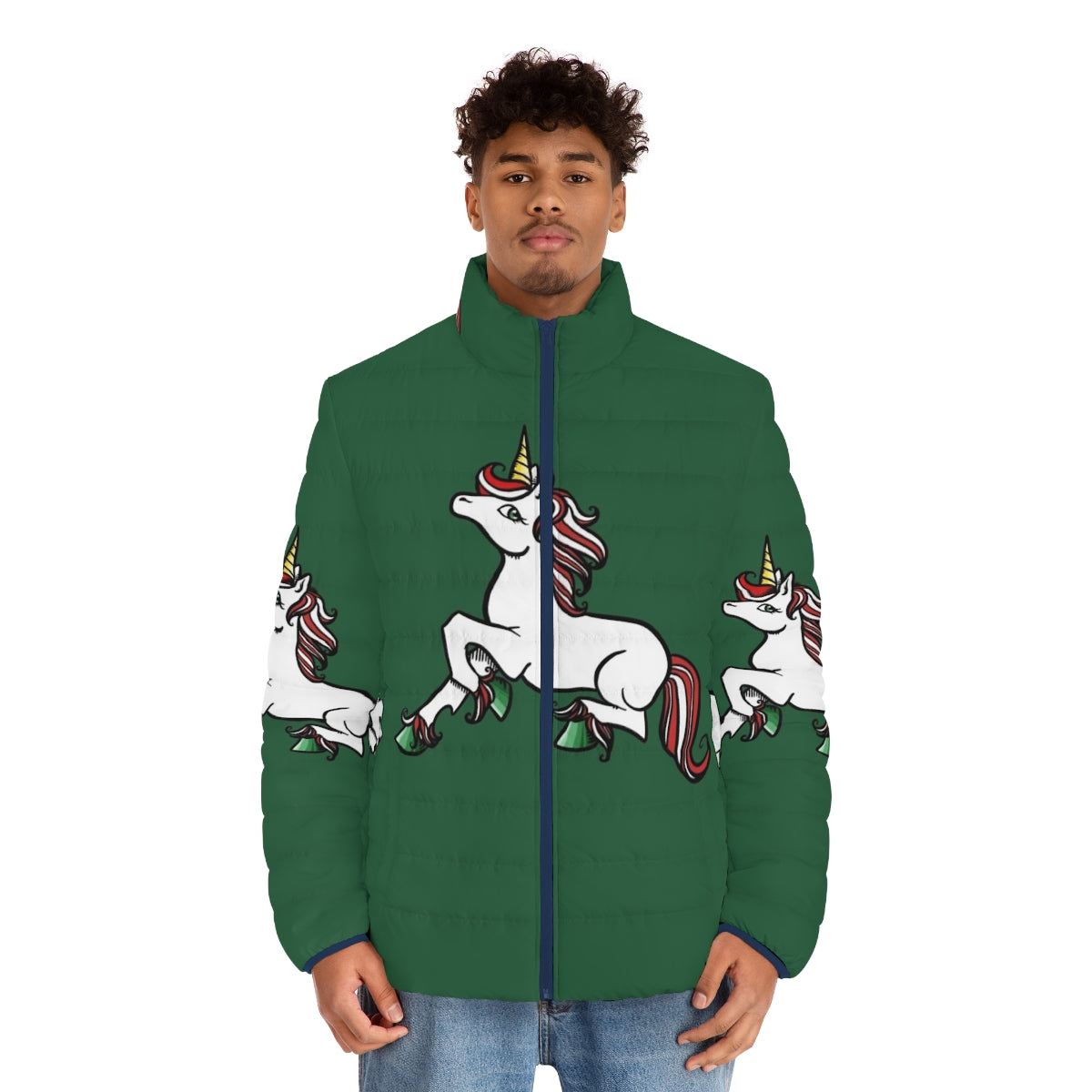 A cozy and fashionable Christmas unicorn puffer jacket perfect for the holiday season - men front