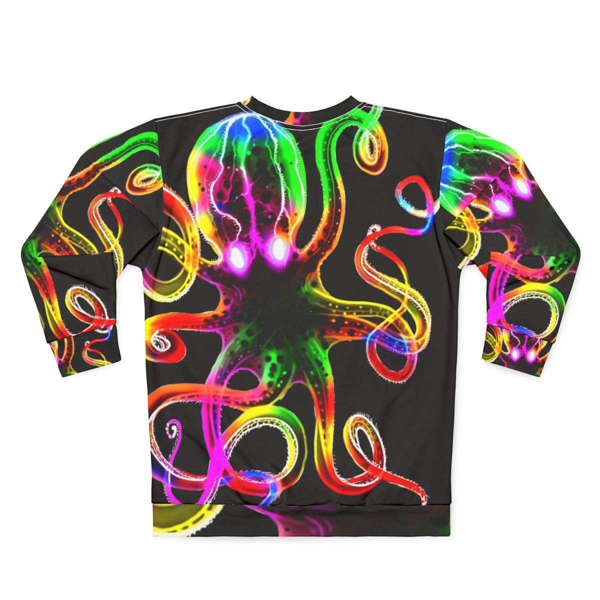 A vibrant rainbow octopus glowing in the dark on a sweatshirt - Back