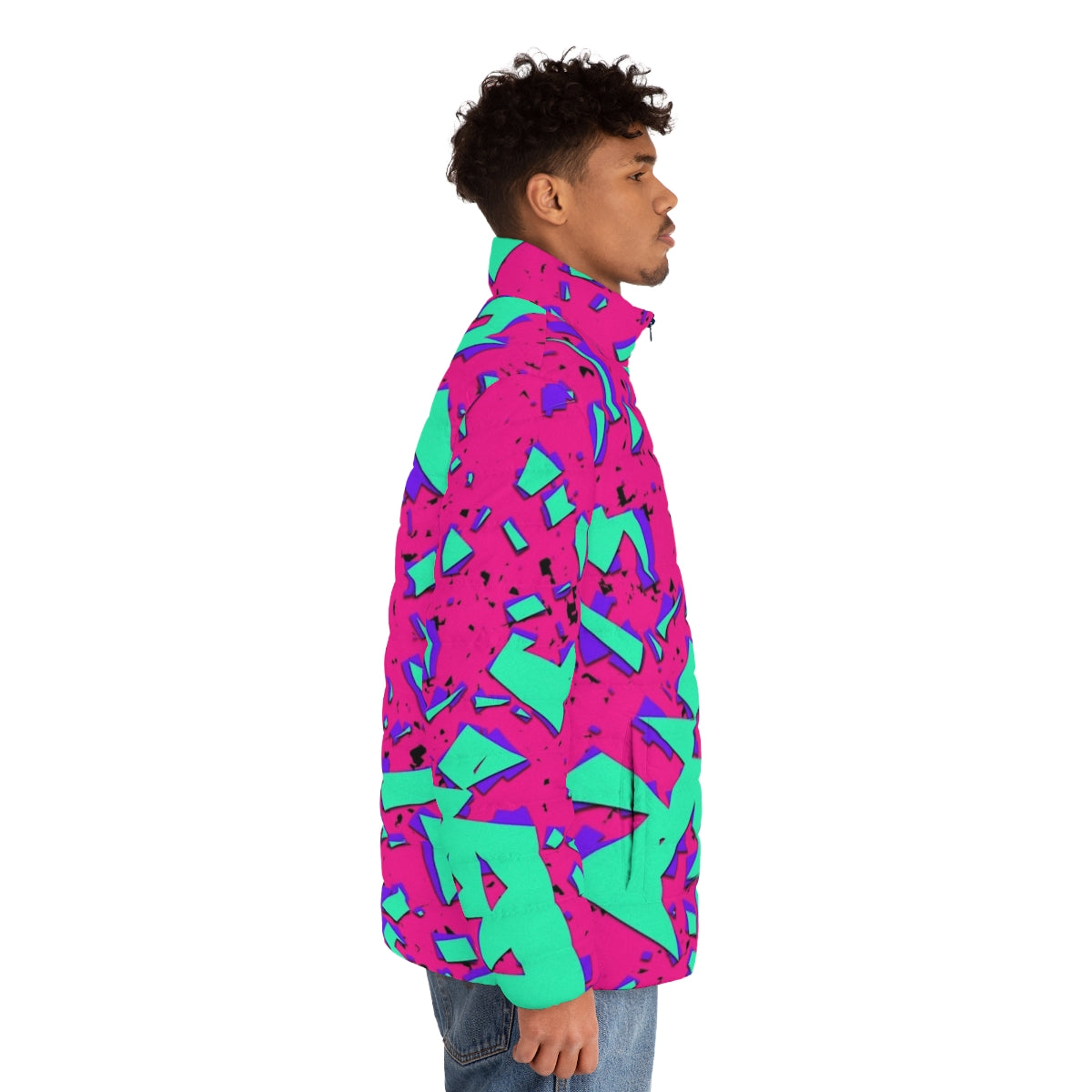 Teal and pink 90s inspired abstract geometric pattern puffer jacket - men side right