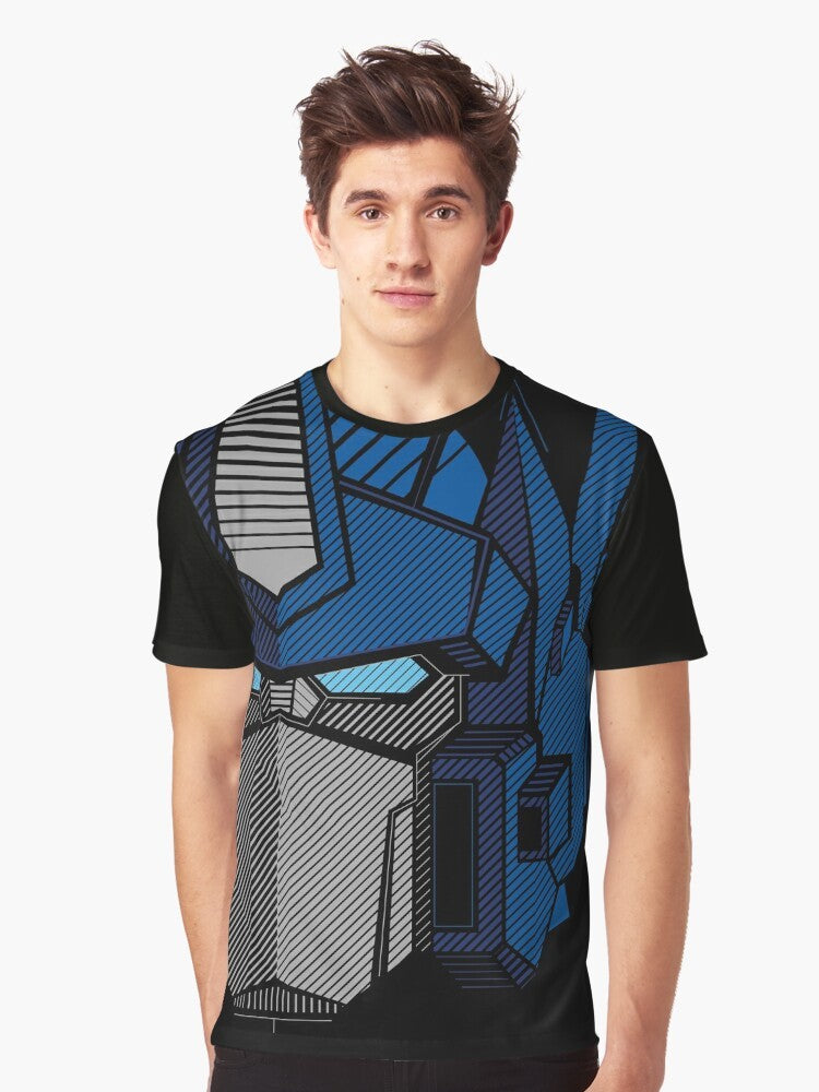 Optimus Prime graphic t-shirt with transformers, mecha, and anime-inspired design - Men