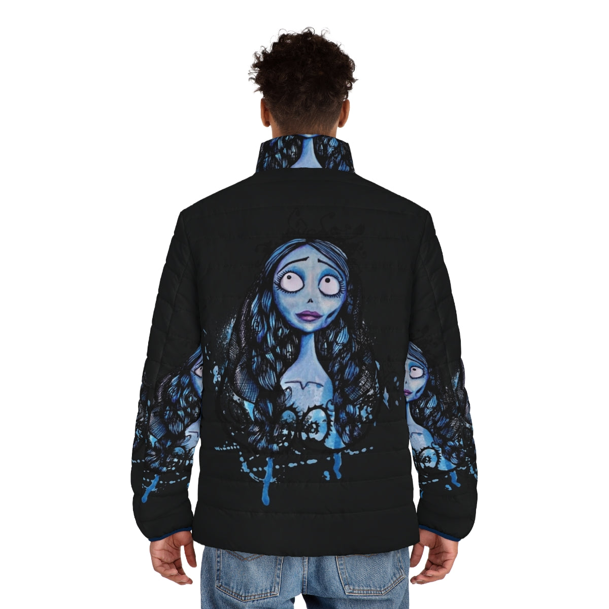 Watercolor Corpse Bride Puffer Jacket featuring the beloved character Emily from Tim Burton's classic animation - men back