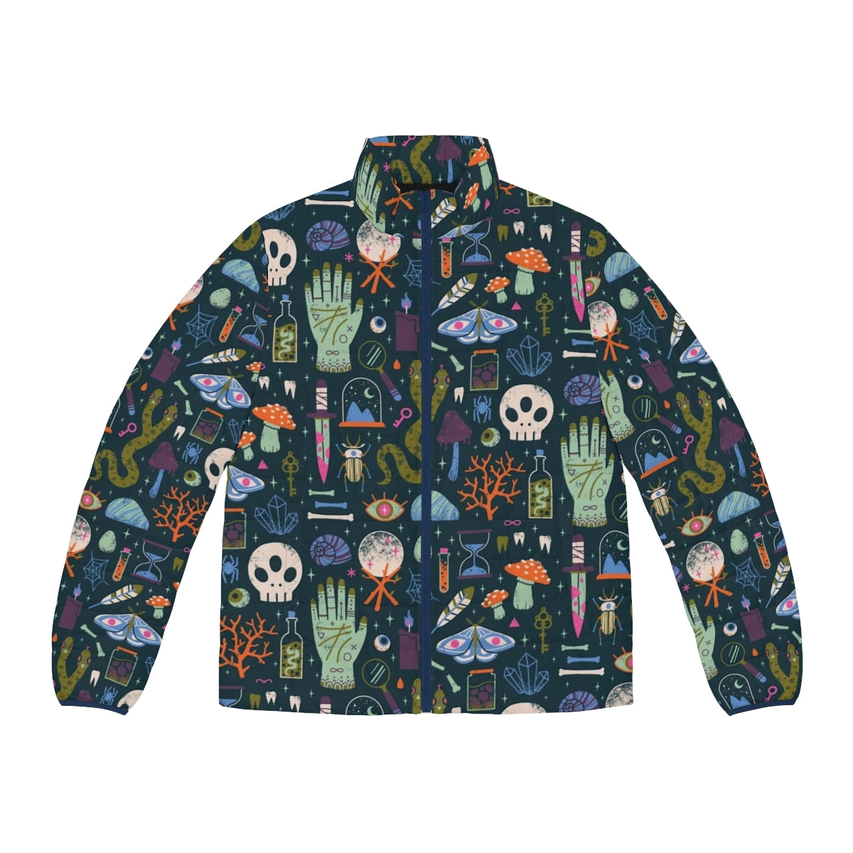 A puffer jacket featuring a cabinet of curiosities design with skulls, insects, and other occult elements.