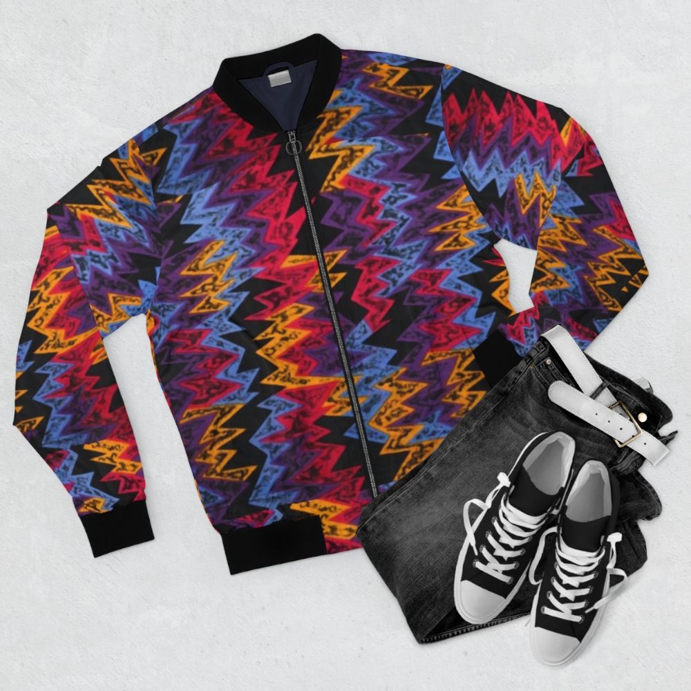 Retro basketball-inspired bomber jacket with zig zag pattern in vibrant colors - Flat lay