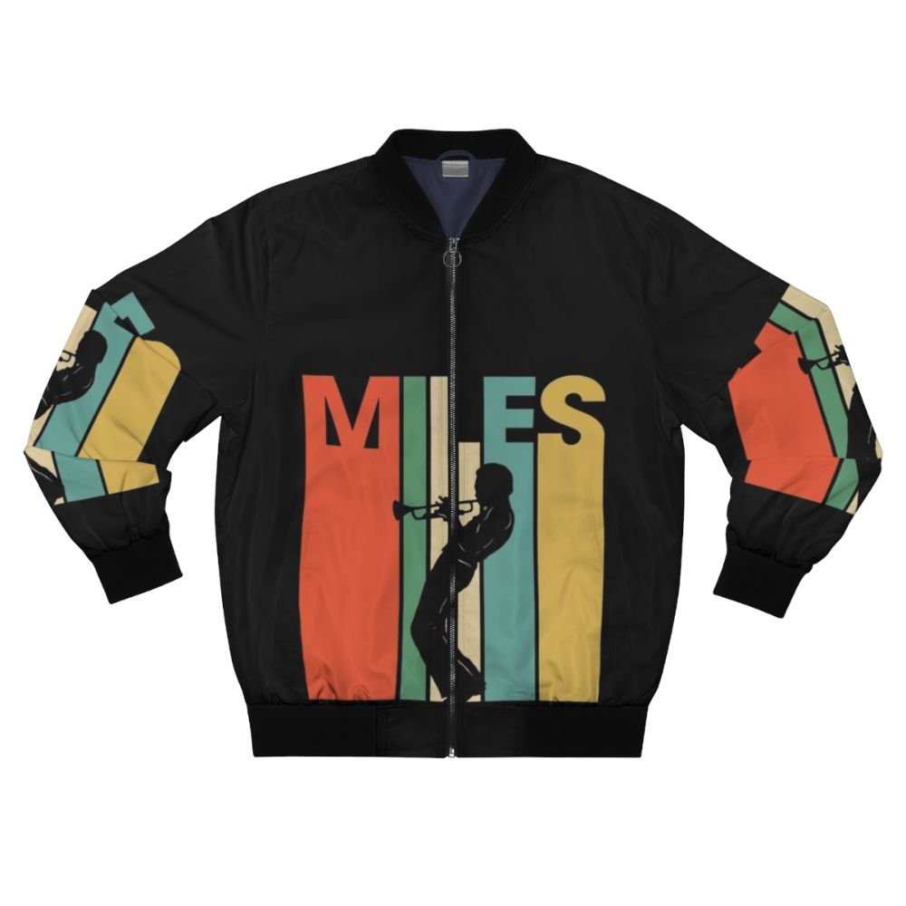 Vintage blue bomber jacket featuring the iconic trumpet and silhouette of jazz legend Miles Davis