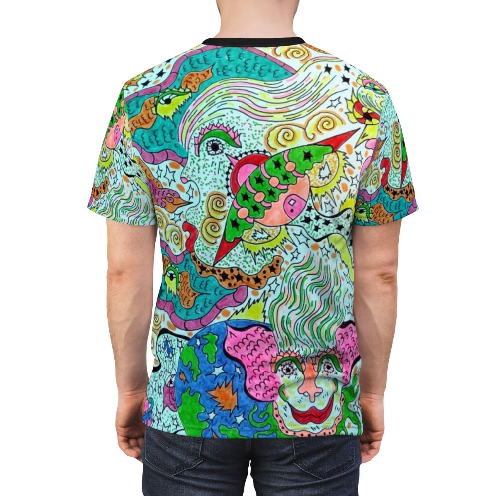 Psychedelic abstract art t-shirt with celestial, cosmic design - men back