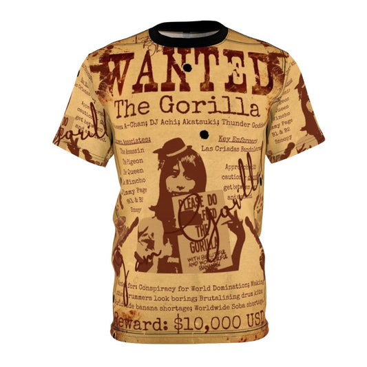 Anime-inspired Band Maid fan art design featuring a wanted poster for 'The Gorilla' on a t-shirt