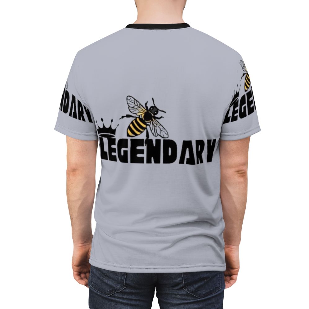 Colorful and creative t-shirt design featuring a bee with a "legendary" theme - men back