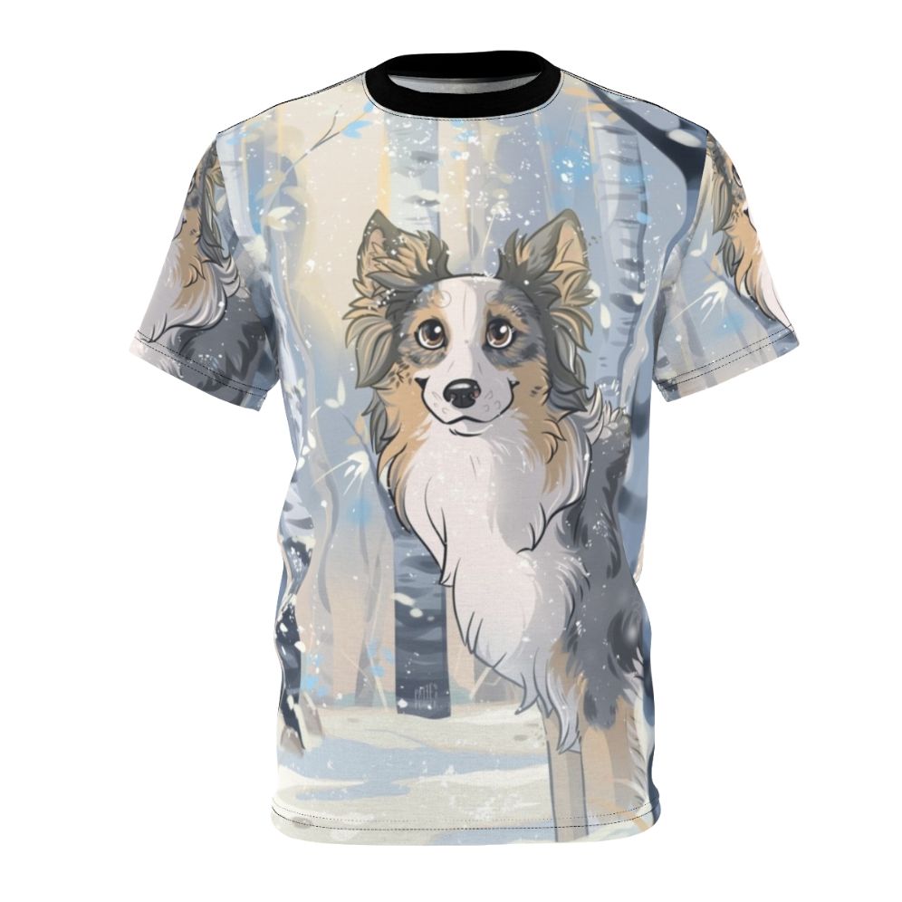 A cozy and whimsical t-shirt design featuring a dog, snow, and winter scenery.