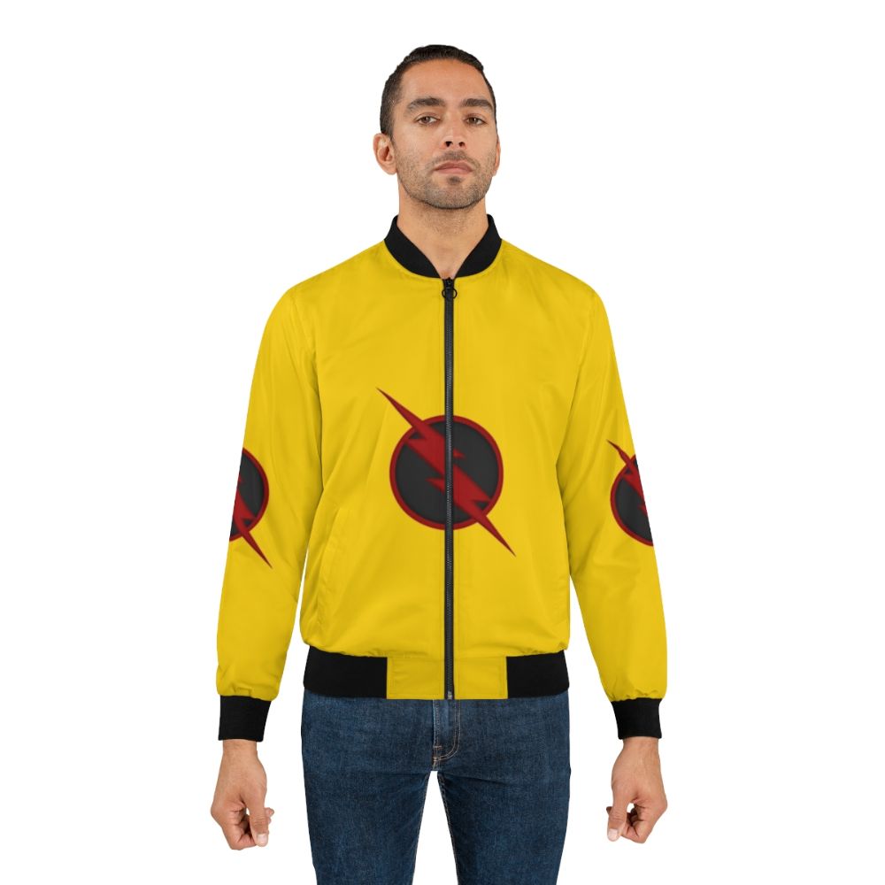 Yellow bomber jacket with "Zoom" graphic, inspired by the Flash's nemesis Professor Zoom - Lifestyle