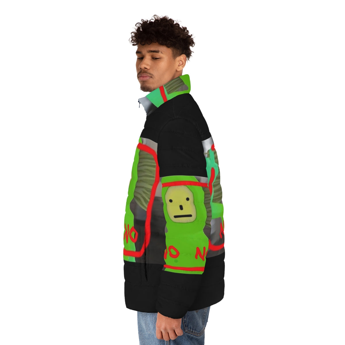 No No Square Puffer Jacket featuring a green and red design inspired by the popular YouTube meme - men side left