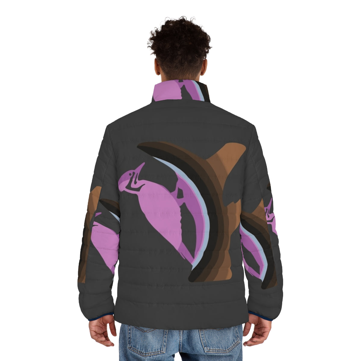 Woodpecker puffer jacket featuring legendary animal art design - men back