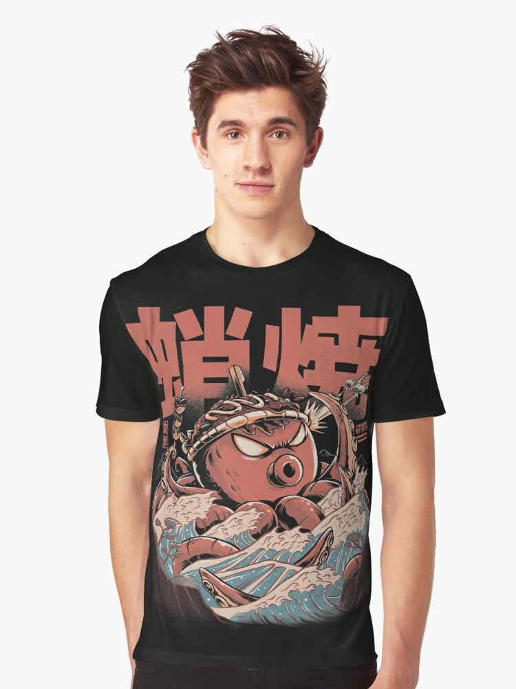 Retro Japanese Takoyaki Kaiju Graphic T-Shirt featuring an angry takoyaki creature in a vintage, ilustrata style. - Men