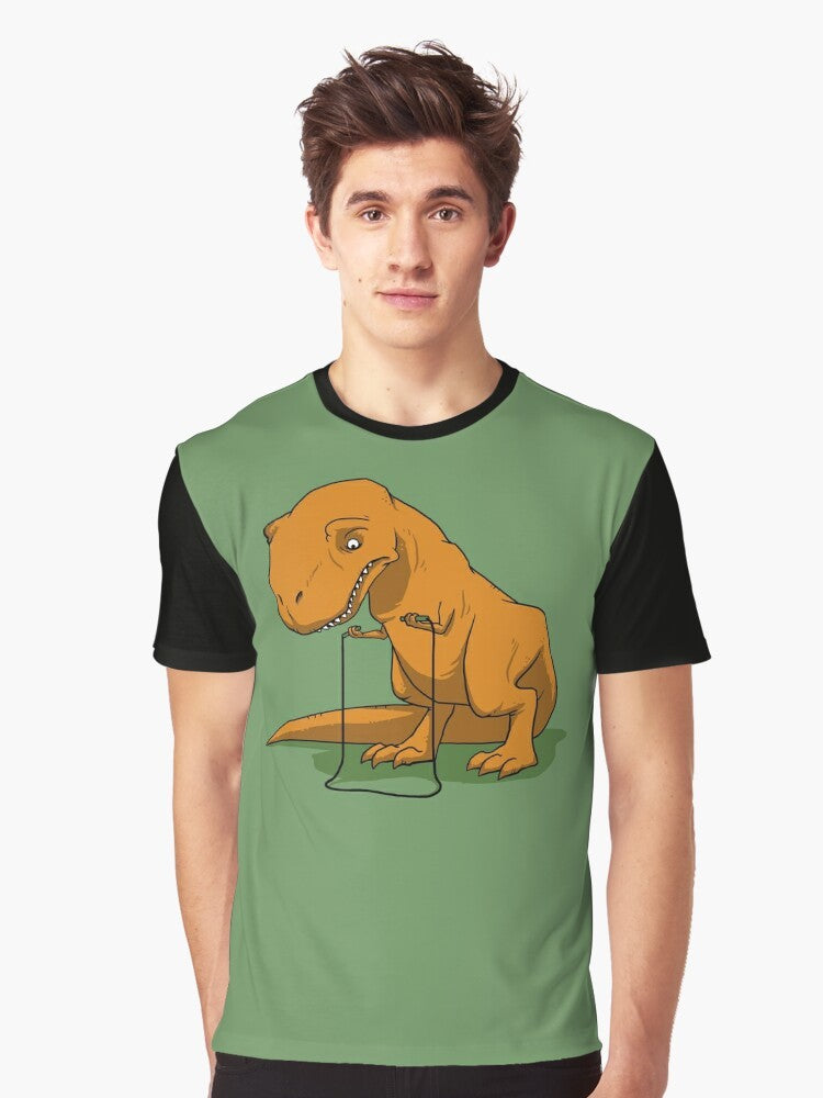 Graphic t-shirt design featuring a T-Rex dinosaur with tiny arms jumping a jump rope. - Men