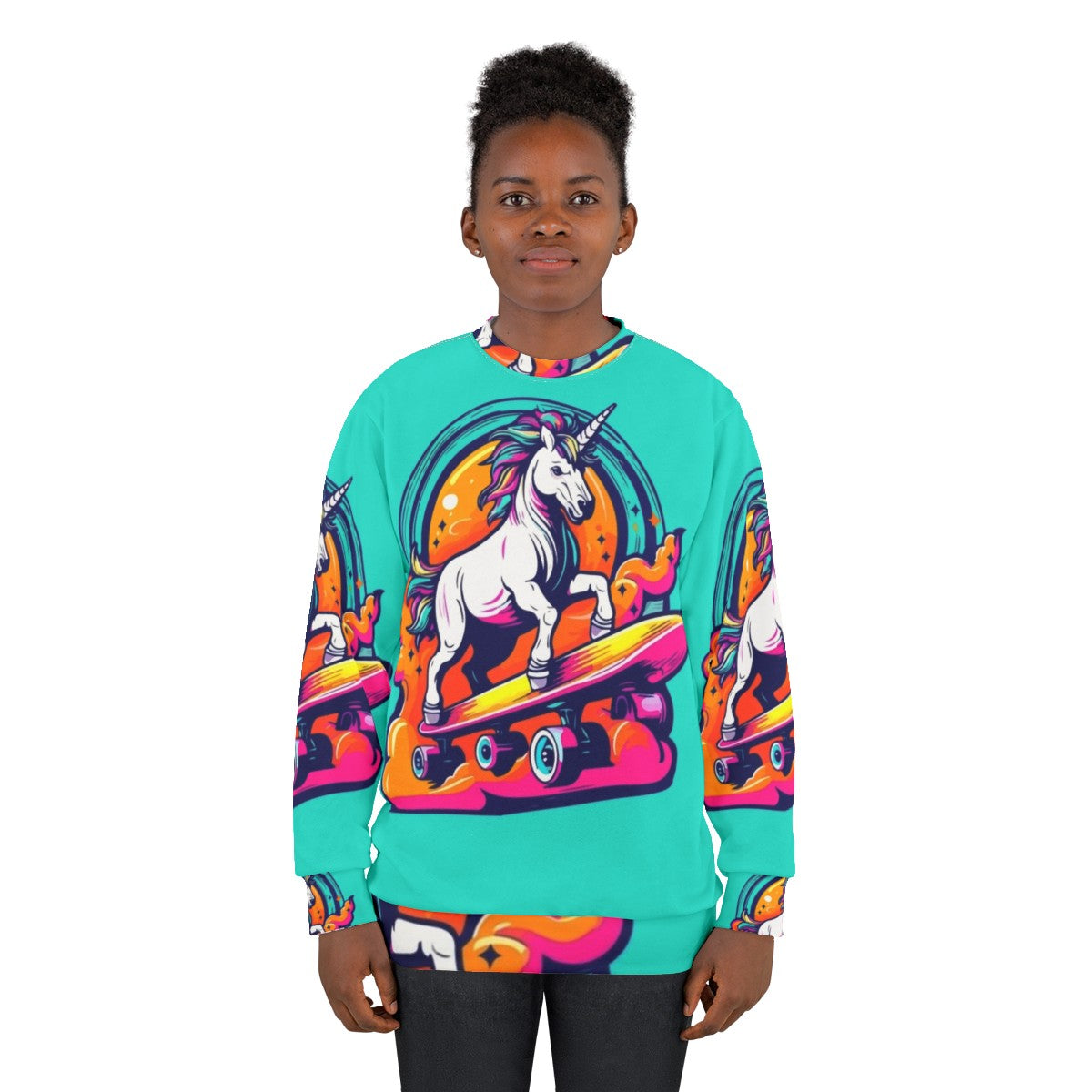 Unicorn skateboarding neon color sweatshirt - women